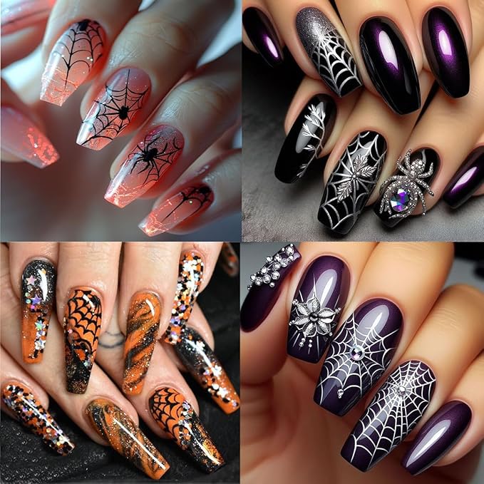 5 Sheets Halloween Nail Stickers for Nail Art 3D Self-Adhesive Spider Web Nail Art Stickers White Black Silver Laser Gold Spider Nail Decals Goth Nail Art Supplies for Women Acrylic Manicure Salon