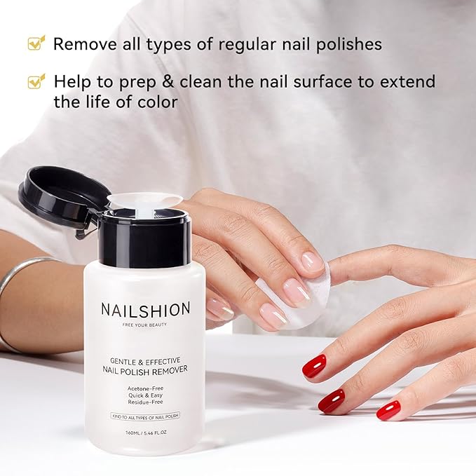 Nail Polish Remover Non-acetone, 5-10s Fast Remover for Regular Nail Polishes, Reusable Push-Down Pump Dispenser, No Toxic Gentle Removal, Rich in VE Non-Drying, 5.46 fl. oz