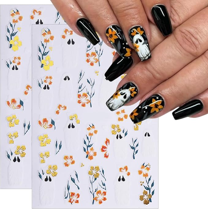8 Sheets Halloween Nail Art Stickers Decals Halloween Cute Ghost Flower Nail Stickers Gold and Silver Hibiscus Flowers Designs Nail Decals for Women Girls DIY Manicure Decorations