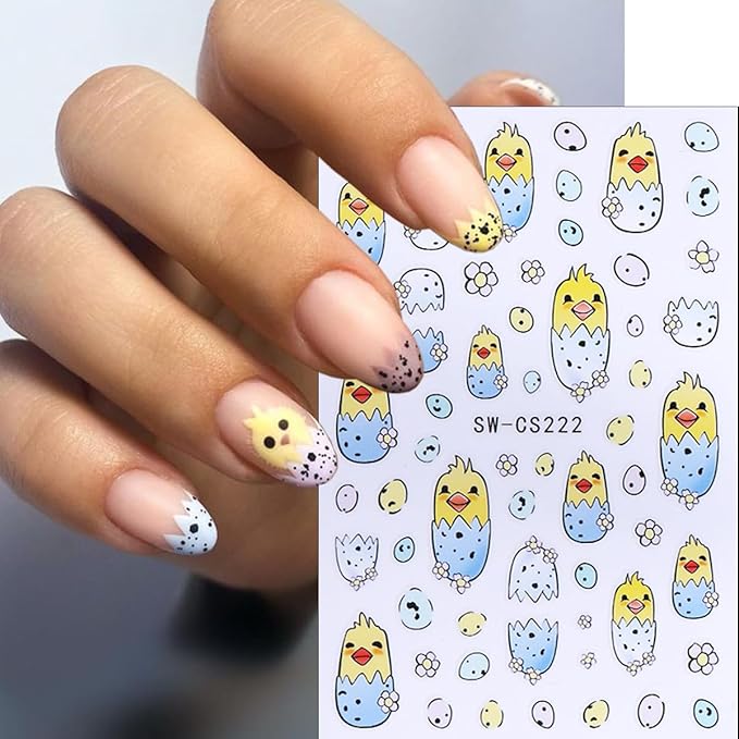 6 Sheets Easter Nail Art Stickers 3D Self-Adhesive Bunny Nail Stickers Rabbits Chick Egg Nail Design Easter Nail Decals Cute Nails Decoration Supplies for Women Girls DIY Acrylic Nails Accessories