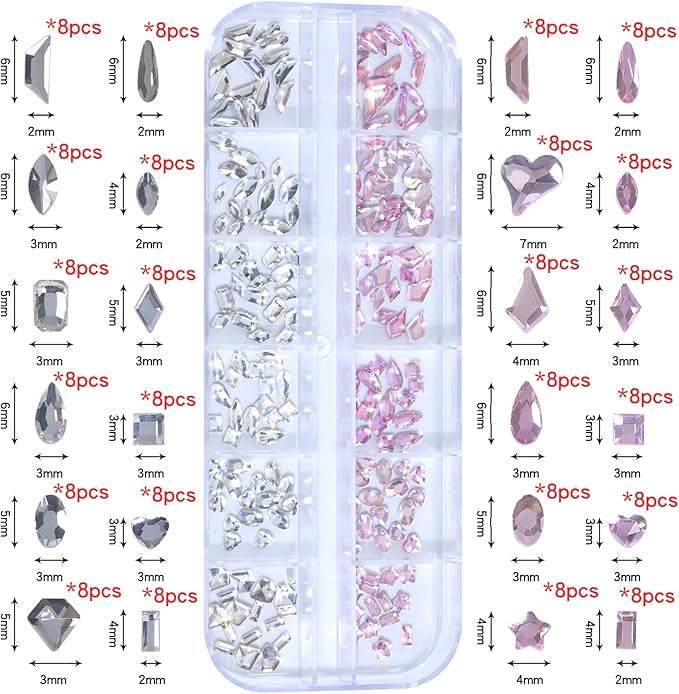 HNUIX Nail Rhinestones for nails - 3D Multi Shapes, Flat Back, Small Nail Gems, Crystal & Light Pink Nail Diamonds, with Kit, for Nail Art, DIY Decor