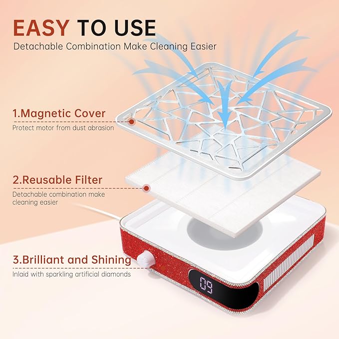 Nail Dust Collector, Powerful Vacuum Fan Vent Dust Collector Extractor Dust Suction Machine for Acrylic Nails Polishing, Nail Salon, Red Diamond