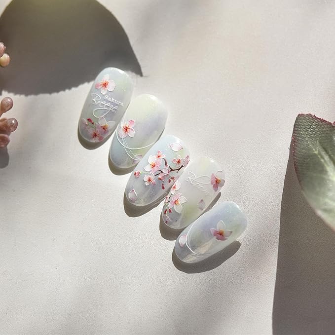 Cherry Blossoms Nail Art Stickers Pink White Flowers Nail Decals for Acrylic Nails 5D Embossed Self-Adhesive Flower Designs Nail Sticker Spring Summer Cute Floral Nail Decal for Women DIY Nail Decor