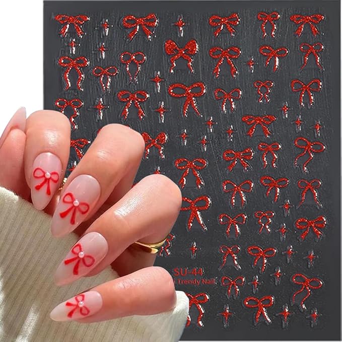 6Sheets Bow Nail Stickers for Nail Art Glitter Red Gold Bows Nail Decals Aurora Cute Nail Art Stickers 3D Self Adhesive Nails Design Charms Supplies for Women Girls Manicure Decorations