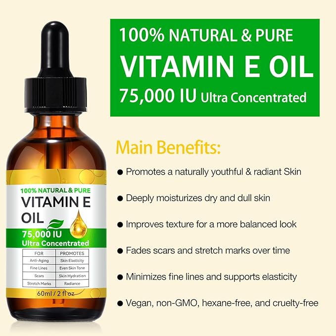Vitamin E Oil Blend 75,000 IU, Pure Vitamin E Oil for Skin, Scars, Nails and Scalp, Hydrating Dry Skin, Face and Body Moisturizer, Reduce Stretch Marks, Fine Lines & Wrinkles, 2Fl Oz