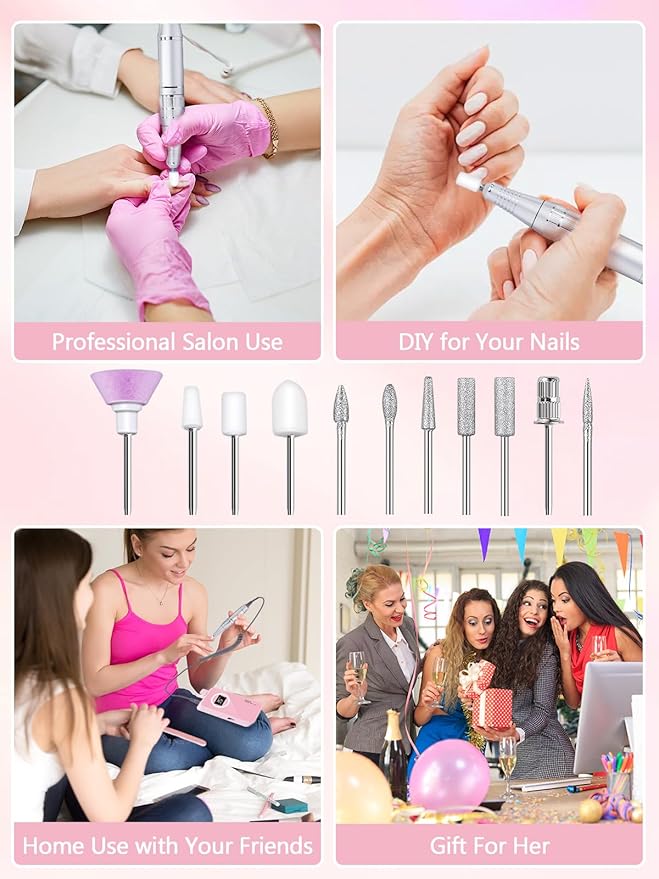 Nail Drill, Portable Electric Nail File 50000RPM, Rechargeable Nail Drill Professional with Bits for Acrylic Gel Nails, E-File Machine Manicure Polishing for Salon Home,Pink