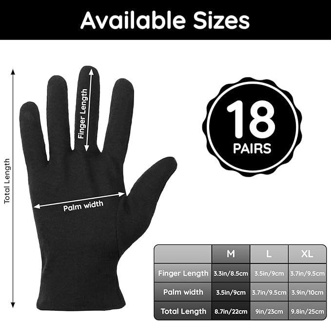 Segbeauty 36 Counts Gel Lotion Cotton Gloves Black for Dry Hands Overnight, 18 Pairs Bulk Hand Moisturizing Gloves Overnight, Hand Care Reusable Soft Moisture Cotton Glove for Working Women Men Medium