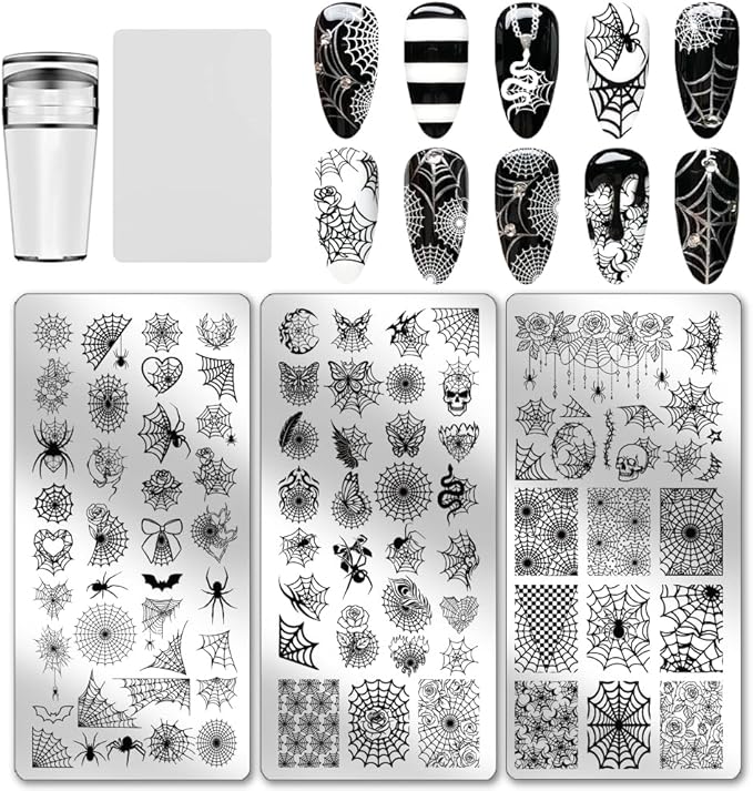 PH PandaHall 3pcs Spider Web Nail Stamping Plates Halloween Nail Art Plates Gothic Skull Nails Image Plates Spooky Cobwebs Patterns Manicure Art Templates for DIY Print Manicures Salon Design