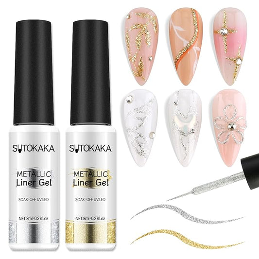 Gel Nail Polish Liner Set 2pcs 8ml Reflective Glitter Silver Gold Gel Nail Polish for Painting Drawing Line Swirl French Nail Design Build in Thin Brush Soak Off UV/LED Manicure Set