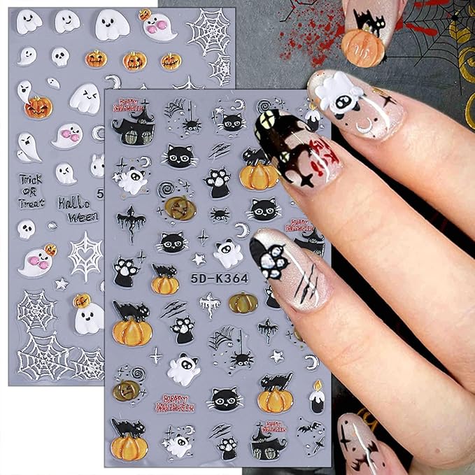 2 Sheets Halloween Nail Stickers for Nail Art 5D Spider Web Nail Art Stickers Embossed Ghost Pumpkin Nail Decals Self-Adhesive Horror Black Cat Nail Design Decals for Women Party Nails Supplies