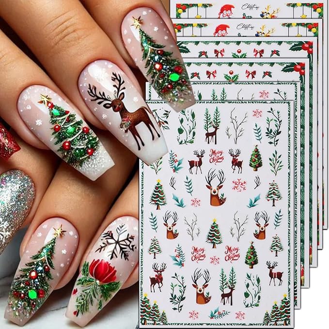 6Pcs Christmas Nail Stickers 3D Christmas Tree Elk Snowman Nail Stickers for Nail Art DIY Self Adhesive Nail Decals Red Fruit Cute Nail Decoration Supplies Holiday Manicure Accessories for Women