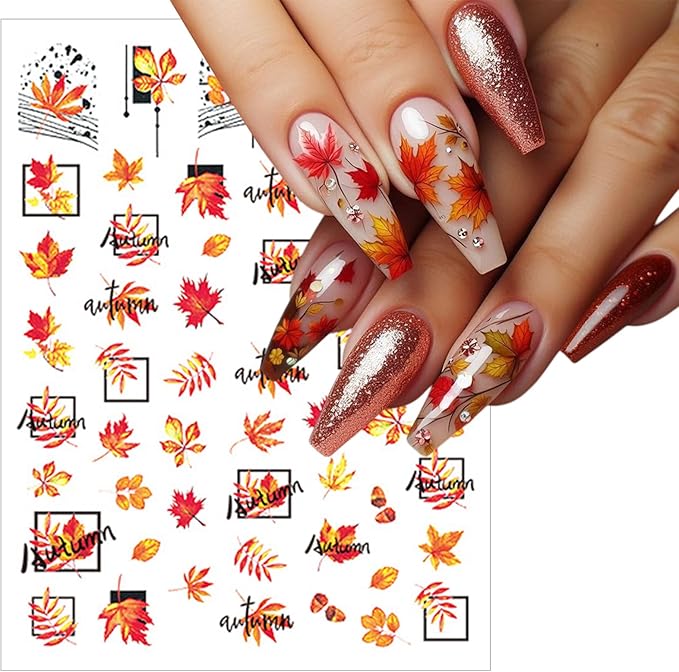 8 Sheets Fall Nail Stickers for Nail Art 3D Magic Maple Leaf Nail Decals Self-Adhesive Hot Stamping Leaves Nail Stickers Fall Ginkgo Leaf Design Sticker for Women Thanksgiving Manicure Decoration