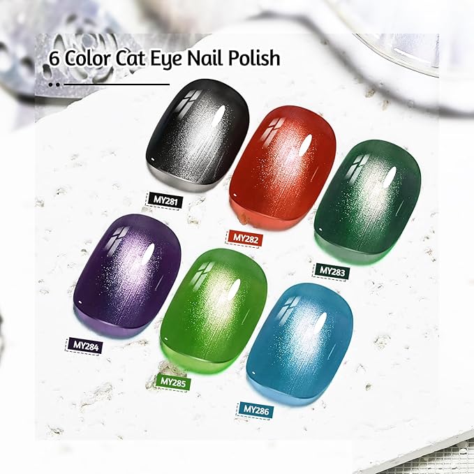 6 Colors 10ml Luminous Cat Eye Nail Polish with Magnet Stick Quick Dry Nail Polish for Nail Art DIY Home Manicure Gift for Women