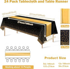 24Pack Disposable Plastic Tablecloths and Satin Table Runner Set Black Gold Dot - Image 2