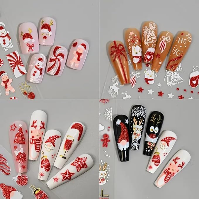 12Sheets Christmas Nail Art Stickers Snowflake Snowman 3D Self-Adhesive Xmas Nail Decals Nail Art Supplies Red Gold Santa Claus Elk Xmas Tree Santa's Hat Design Holiday Nail Art Accessories for Women