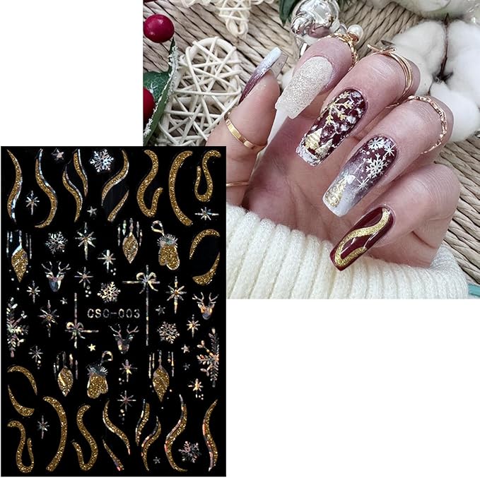 JMEOWIO 8 Sheets Christmas Gold Glitter Silver Nail Art Stickers Decals Self-Adhesive Snowflake Winter Holiday Nail Supplies Nail Art Design Decoration Accessories