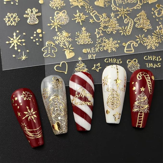 Christmas Nail Art Stickers 3D Gold Crystal Ball Snowflake Tree Christmas Nail Stickers 6PCS Candy Cane Cute Elk Self-Adhesive Xmas Nail Decals Sliders New Year Holiday Nail Art Supplies for Women