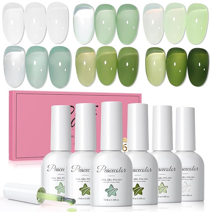PEACECOLOR Green Jelly Gel Polish Set, 6 Colors 10ML Transparent Clear Green Collection Jelly Gel Nail Polish Set Fall Nail Art Design Home Salon DIY Gifts for Women