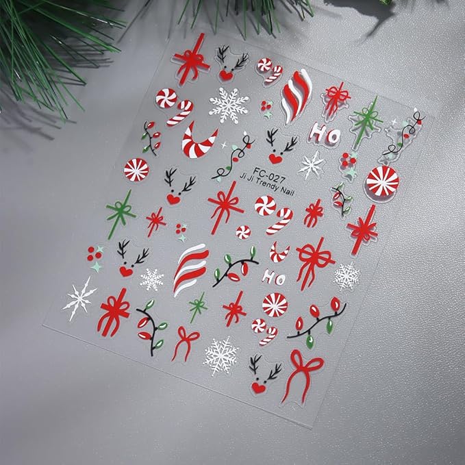 Christmas Nail Stickers for Nail Art, French Gift Bow Snowflake Nail Art Stickers 6PCS Colorful Light Candy Cane Deer HoHo Xmas Nails Design Adhesive Decals for Acrylic Nails DIY Manicure Decorations
