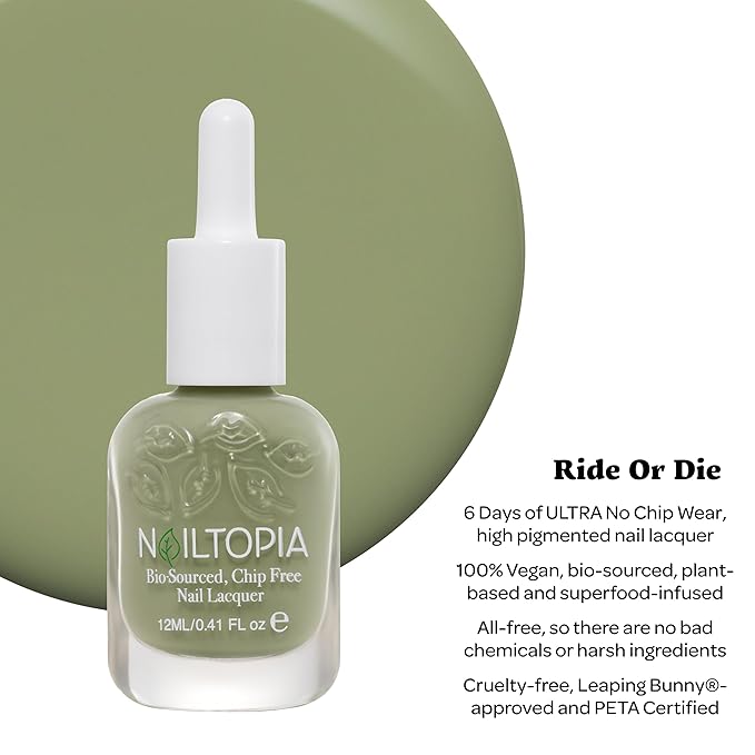 Nailtopia Bio-Sourced, Chip Free Nail Lacquer - All Natural, Strengthening Biotin and Superfood-Infused Polish - Chip Resistant Formula - Quick-Dry, Long Lasting Wear - Ride Or Die - 0.41 oz