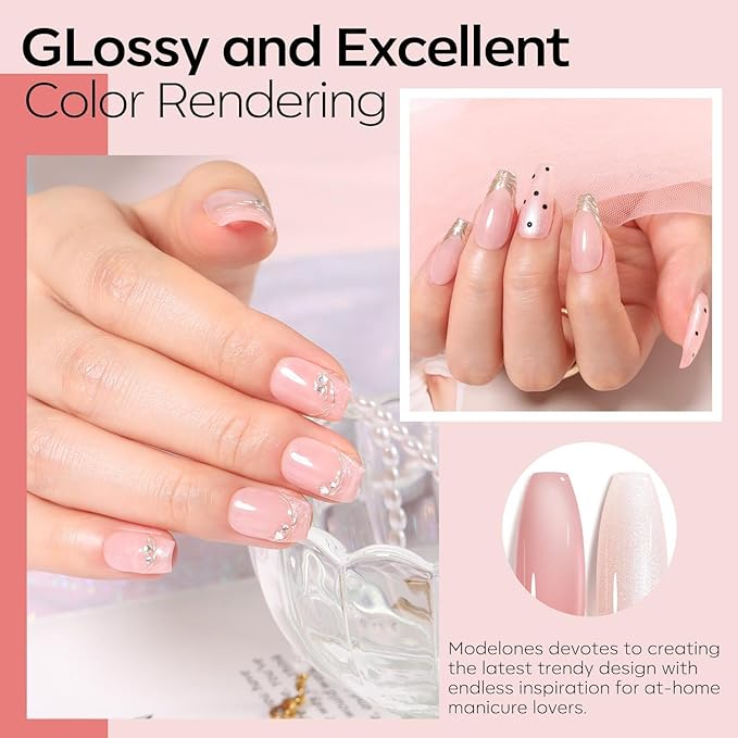 modelones Gel Nail Polish Set 2 Pcs 15 ML Nude Pink Translucent Sheer Glitter Shimmer French Base Kit Gel Polish Soak Off LED For Nail Art DIY Manicure Art Home For Women Girls
