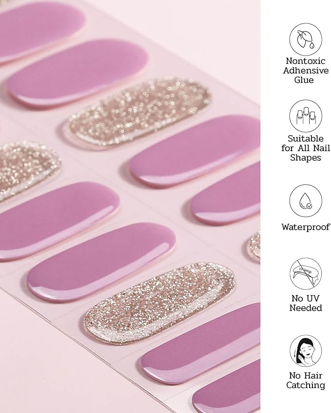 Nail Polish Strips - 22 Pcs Salon Quality Gel Nail Stickers - Long Lasting Wraps (Berry Gold Glitter)