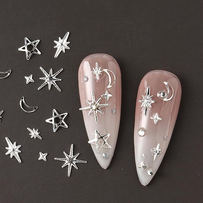 Star Nail Charm for Nails,3D Gold Silver Star Nail Art Charm 2Box Metal Five-Pointed Star Gold Silver Stars Moon Rivet Nail Accessories Metallic Studs Rhinestones Star Nail Jewelry Decor Manicure Kit