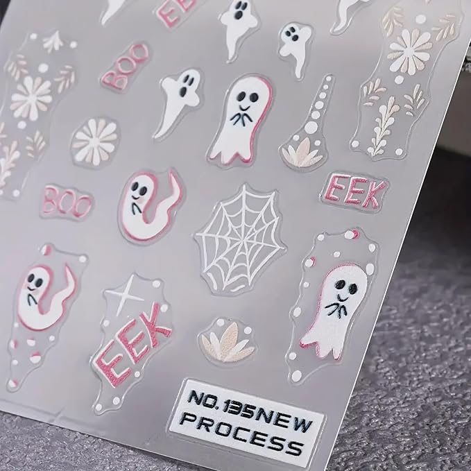 2Pcs Halloween Nail Art Stickers 5D Embossed Halloween Ghost Nail Decals Cute Ghost Spider Web Totem Pattern Designs Self Adhesive Horror Nail Supplies for Women Manicure Tip Decorations Accessories