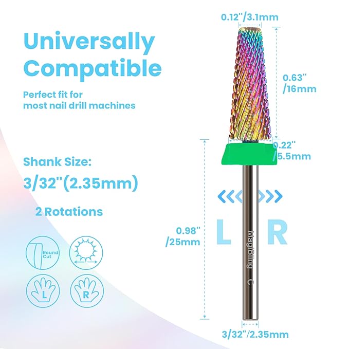 C 5 in 1 Nail Drill Bits, 16mm Tapered 3/32'' Professional Tungsten Carbide Bits for Efile, 2 Rotation for Electric Drill, Remove Thick & Soft Gel Fast, Manicure Cuticle Polishing, Techs Bits, Coarse.