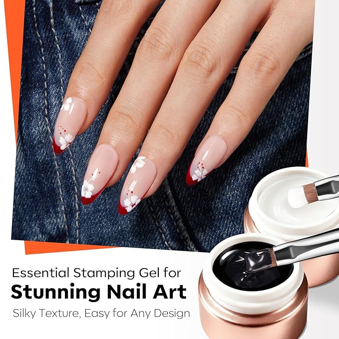 modelones 16 PCS Gel Nail Polish Stamping Plate Set, French Tip Tool Stamper & Scraper, Gold Silver Pearl Chrome Powder Proof Matte Top Coat 2 Colors Painting Gel for Nail Art Fall Manicure Gift Kit