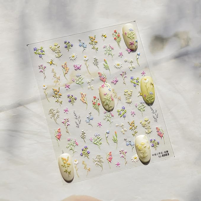 1Pcs Embossed Flower Nail Stickers Small Daisy Nail Decals 5D Embossed Wildflower Nail Art Stickers Spring Summer Pink Yellow Blue White Green Flower Design Nail Art Decoration for Women Girls Kids
