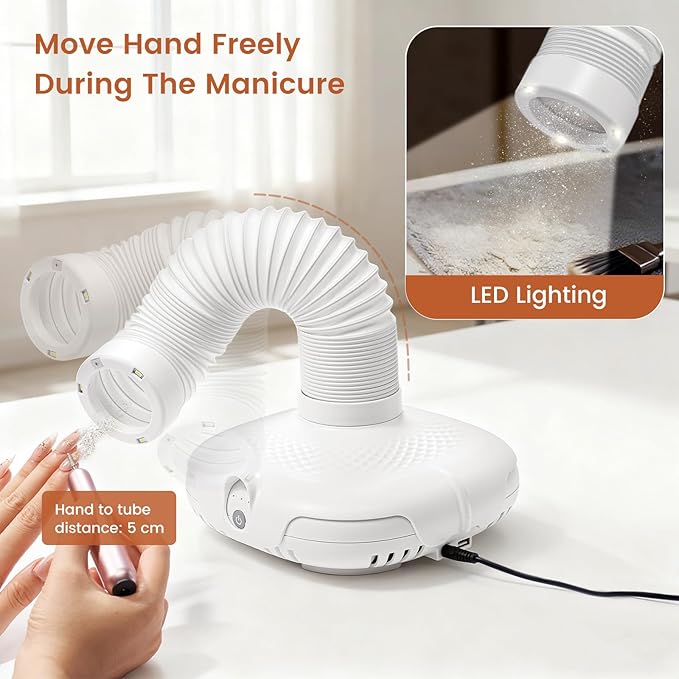 Nail Dust Collector for Nail Tech - 13000RPM Nail Vacuum Dust Collector with 360° Fexible Tube & Reusable Filter - Manicure Dust Cleaner for Acrylic Nail Salon, Home DIY & Crafts