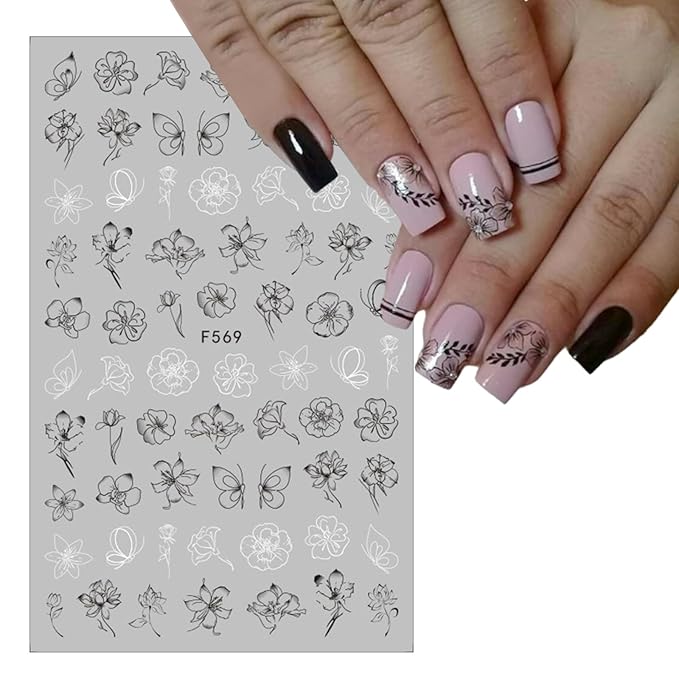 8 Sheets Flower Vintage Vine Nail Stickers, 3D Self-Adhesive Vintage Flower Pattern Nail Decals Black and White Leaf Flowers Nail Design Butterfly Pegatinas Uñas for Women Girls Nail Art Decoration