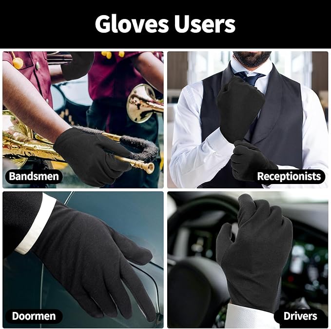 10 Pairs Extra Large Black Cotton Gloves for Dry Hands Sleeping, Men and Women Moisturizing, Black Work Gloves for Photography, Coin Handling, Jewelry, with Pack of 40 Touch Screen Stickers