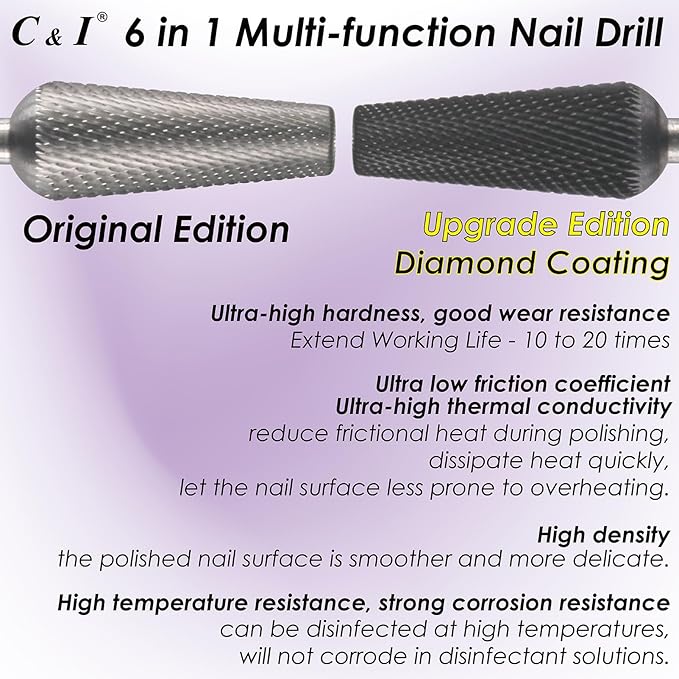 C & I Nail Drill Bit 6 in 1 Multi-function Rounded End E-file, Diamond Coat, CNC Overall Cut Nail Tools for Nail Techs Quick Remove Acrylic Nail Gels & Nail Art (Special Coat, Extra Coarse -XC)