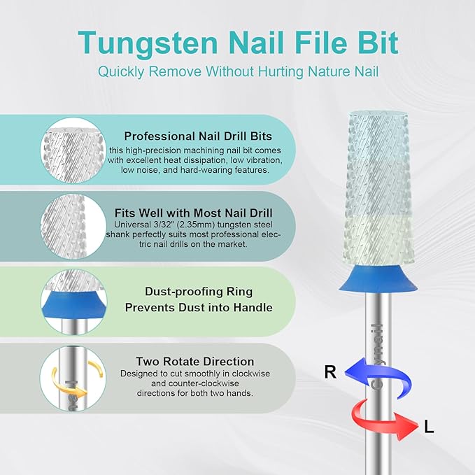 3/32" Large Tapered Barrel Flat Bit Tungsten Carbide Nail Drill Bit Safety Bit for Gel & Acrylic Removal, 2- Way Rotating Efile Tip, Salon Electric File Accessory (M Girt, Silver)