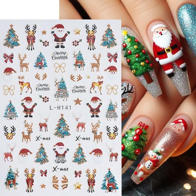 Christmas Nail Art Stickers Decals Santa Claus Christmas Tree 3D Self-Adhesive Xmas Nail Decals Nail Art Supplies 6PCS Gingerbread Man Bell Elk Penguins Design Holiday Nail Stickers for Women Girls