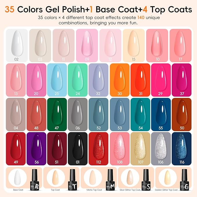 Peacecolor Gel Nail Polish Set 40PCs,Fall Gel Polish Kit 35 Colors White Nude Neutral Brown Pink Red with 5Pcs Glossy/Matte/Glitter Top Base Coat Soak Off Nail Art Gifts for Women