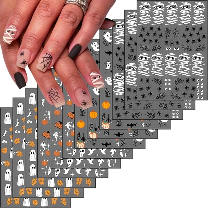 12sheet Halloween Nail Art Stickers Decals Flower 3D Self-Adhesive Nail Stickers with Mummy Ghost Design Nail Stickers for Nail Art Spider Web Pumpkin Nails Supplies for Women Manicure Decor