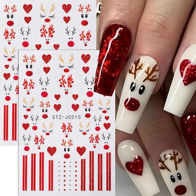 3D Christmas Nail Stickers for Nail Art, Elk Winter Penguin Nail Decals Nail Art Supplies 6PCS Red Elk Penguins Tree Xmas Nails Design Adhesive Sticker for Women Holiday DIY Manicure Nail Decorations