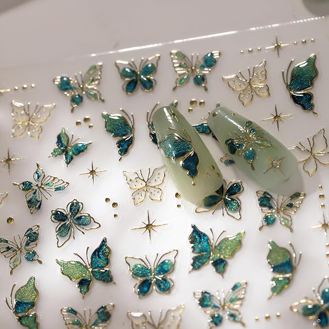 Green Butterfly Nail Stickers for Nail Art 5D Embossed Nail Decals Gold Butterfly Nail Art Stickers Cute Nail Supplies for DIY Manicure Self Adhesive Nails Design for Women