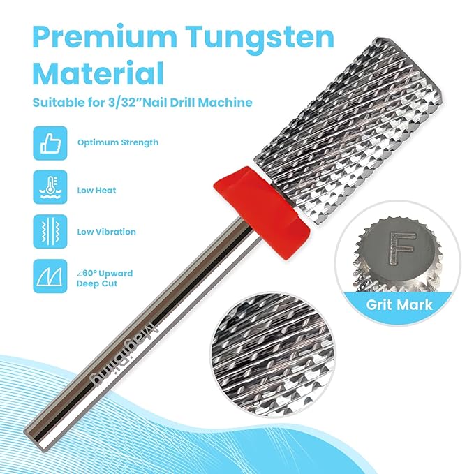 Super Cut Large Barrel Nail Drill Bits for Professional Users, 3/32'' Tungsten Carbide Bits, Upward Deep Cut for Removing Hard Gel Fast, Right Hand Use, Manicure Cuticle Gel Polishing, Fine.