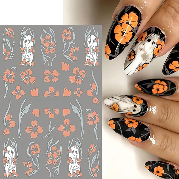 6 Sheets Halloween Nail Art Stickers Cute Pumpkin Flower Ghost Nail Decals 3D Self-Adhesive Hibiscus Ghost Nail Design Nail Supplies White Ghost Pumpkin Nail Decorations for Women DIY Holiday Manicure