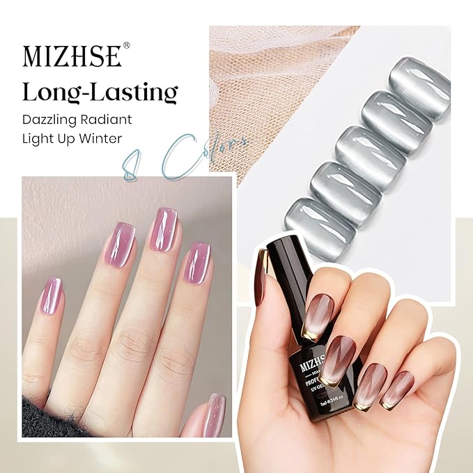 MIZHSE Cat Eye Gel Nail Polish, 8 Colors Moonlight Magnetic Gel Polish Set with Magnet Stick, Glassy Effect Crystal Holographic Silver Brown Green Purple Fall Colors Soak Off Nail Art Gift for Women