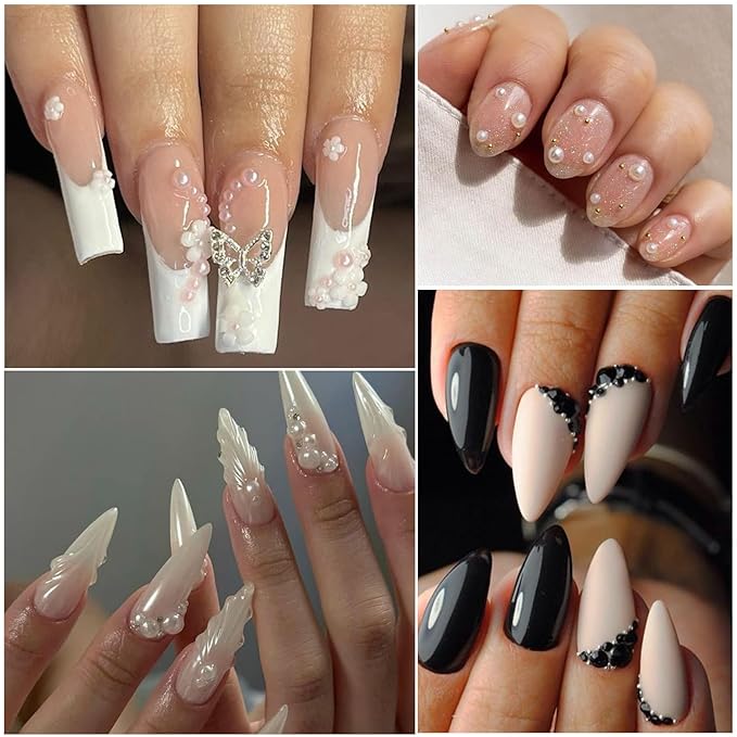 Nail Art Pearls with Rhinestones Glue Gel Flatback Pearls Nail Charms Luxurious Nails Supplies Accessories Gold Silver Gems Jewelry Colorful Pearl for Women Nails Design(4 Colors)