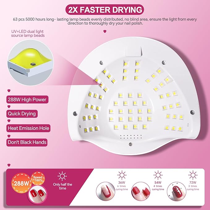 288W Professional UV LED Nail Lamp with 63 Beads - Fastest Gel Curing Dryer for Home & Salon, Smart Sensor, LCD Display & 4 Timers, Pink Salon-Grade Light