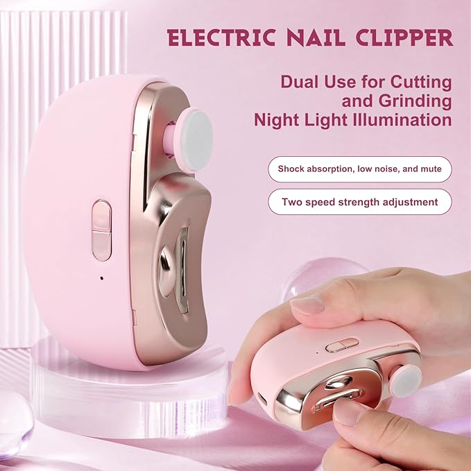 Electric Nail Clipper,2 in 1 Automatic Nail Trimmer with Polishing,Portable Fingernail Cutter 2 Speeds File Nail Clip Storage Rechargeable Safety Trimmer for Baby, Kids, Adults, Seniors (Pink)