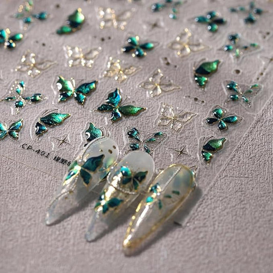 Butterfly Nail Stickers 5D Embossed Gold Green Butterfly Nail Art Sticker Self Adhesive Nail Decals Summer Nail Art for Women Girls Manicure DIY Nails Supplies