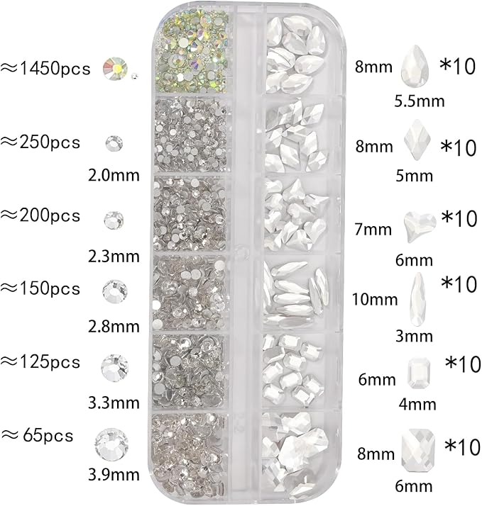 Multi Shapes White 3D Glass Crystal Nail Rhinestones Kit Mix 0.8mm Silver Nail Round Beads Charm Flatback Gems 5 Grids Flatback Rhinestones Stone Diamond for Manicure Makeup DIY Decoration