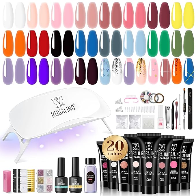 ROSALIND 20 Colors Poly Nail Gel Kit with Mini Nail Lamp Glitter Poly Nail Gel Kit Collection with Tools Clear All Seasons Classic Colors Halloween Starter Kit